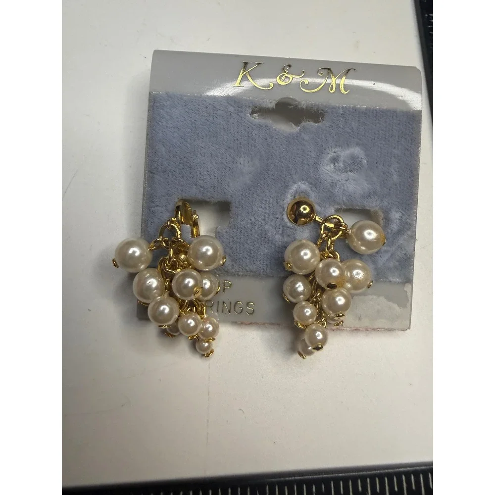 K&M Faux Pearl Cluster Clip On Earrings Gold Tone Grape Dangle New